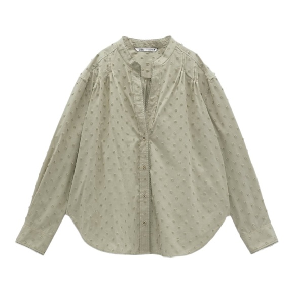 Zara Women Size M Blouse  V Neck Embroidered Long Sleeve Shirt Light Green olive - Picture 6 of 13